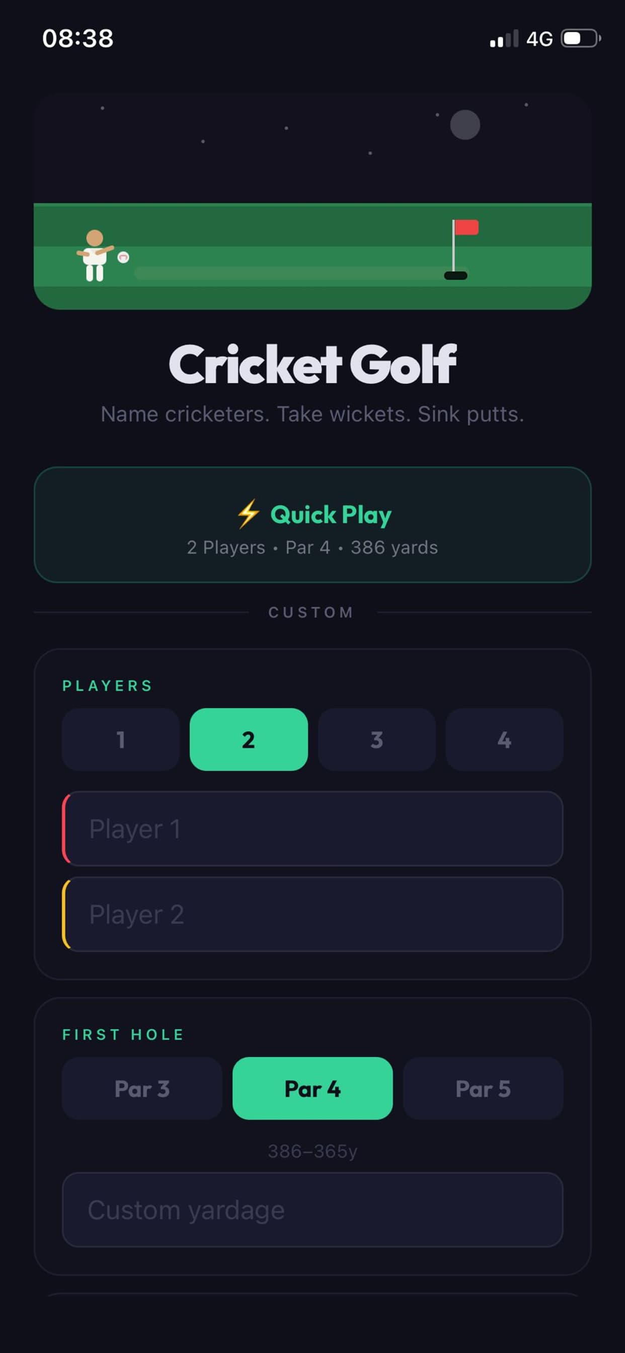 The Cricket Golf setup screen: quick play, players, and the first hole’s par