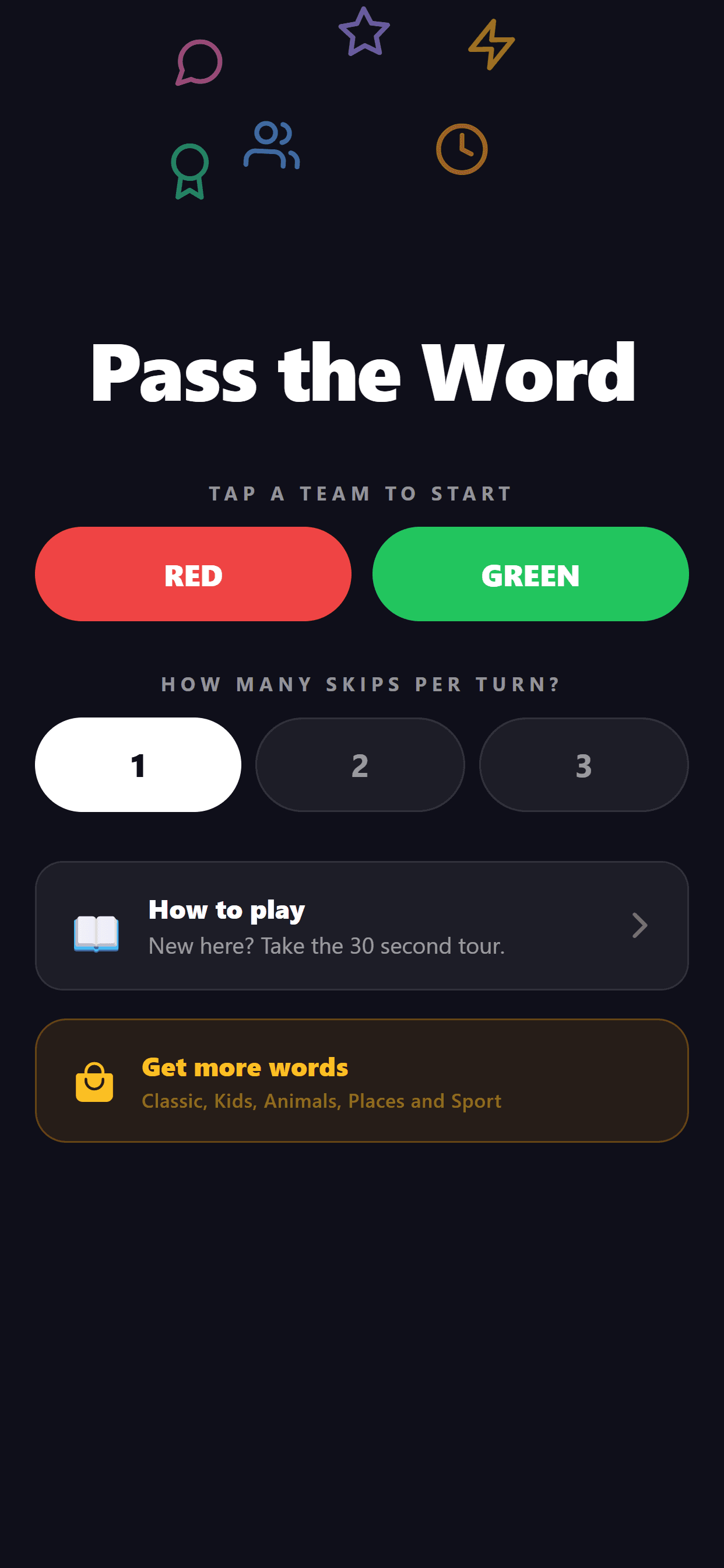 The Pass the Word home screen, red team against green team