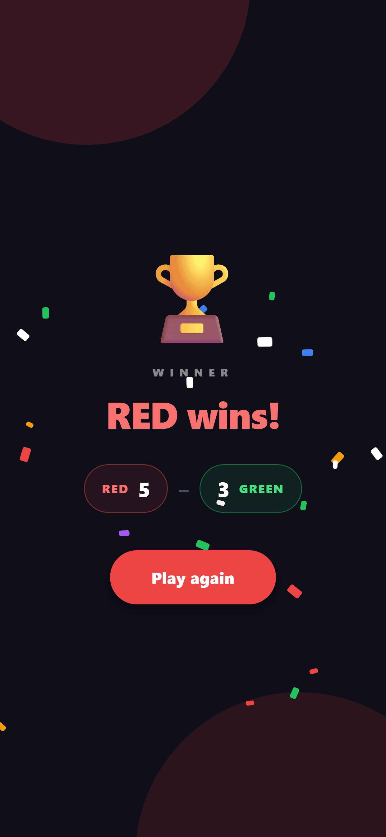 The winning team screen