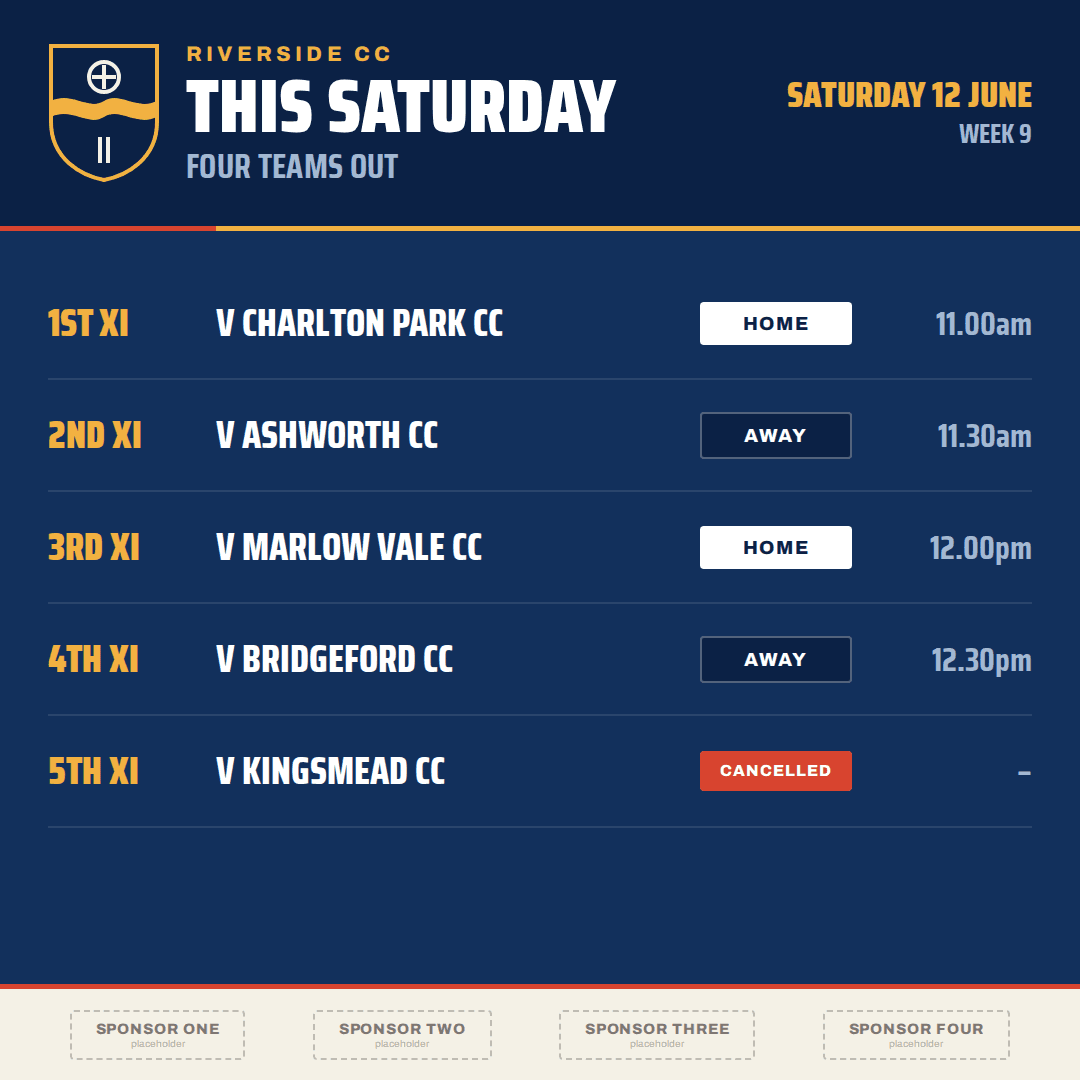 A Riverside CC fixtures card in navy and amber, listing five sides out on Saturday